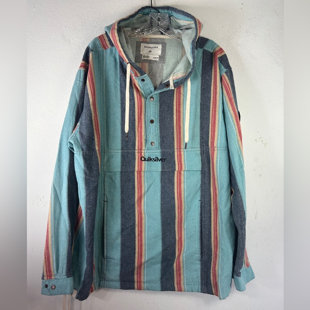 Quiksilver mens Striped Pullover beach medium blue green southwest hood boho